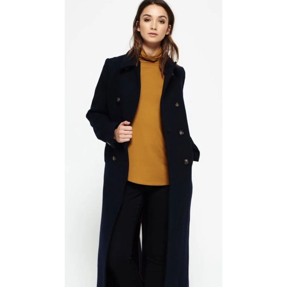 SUPERDRY Super Long Bridge Coat Womens Size Large Navy Blue Wool